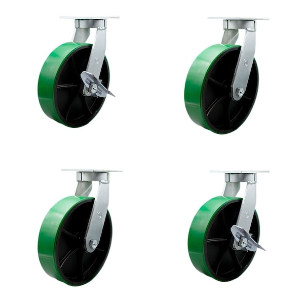 Service Caster 12'' Heavy Duty Green Poly on Cast Iron Caster Set 2 Swivel Lock 2 Brakes, 4PK CRAN-SCC-KP92S1230-PUR-GB-BSL2SLB-2 - main